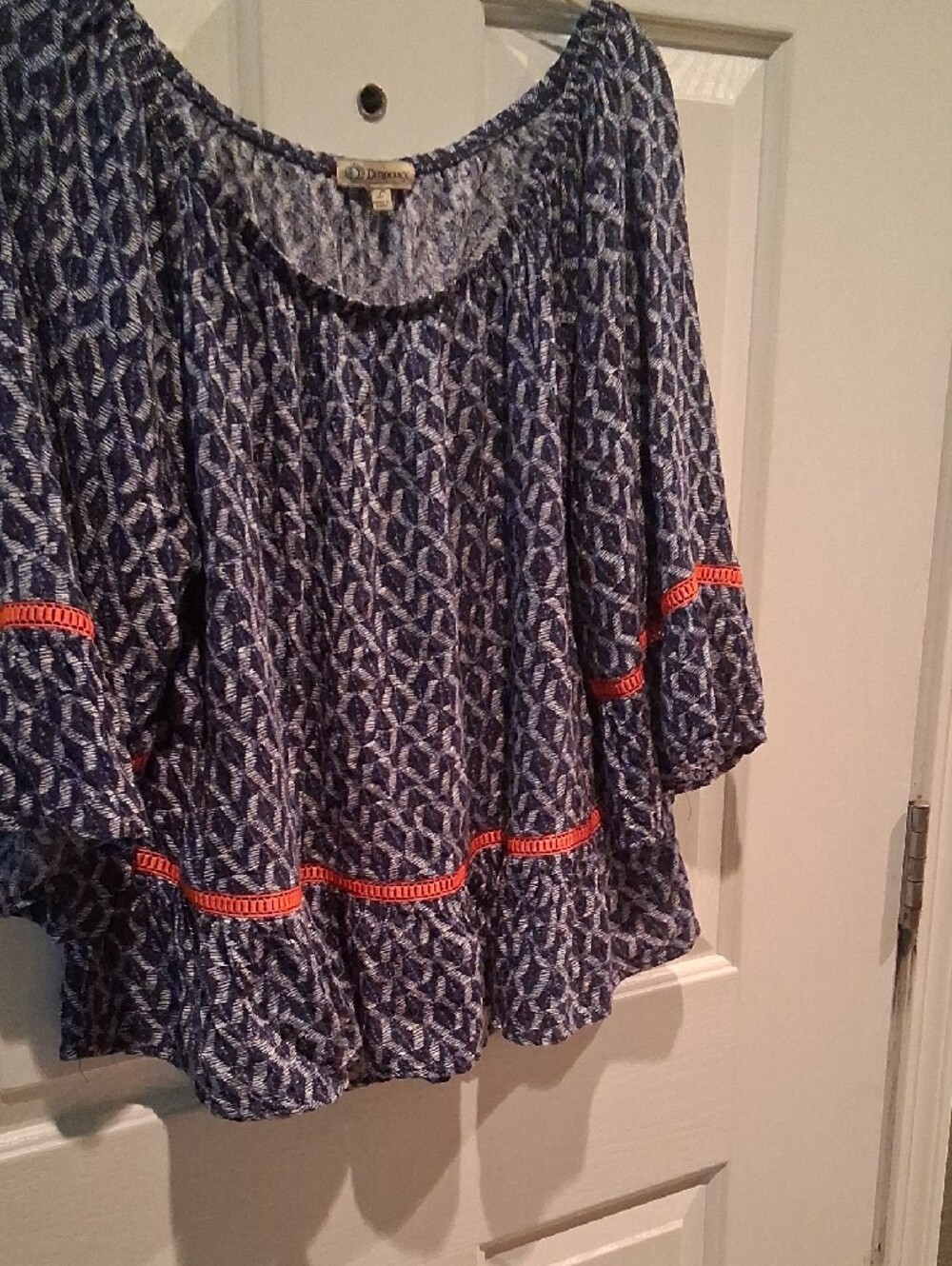 Democracy Blue Patterned Blouse with Orange Trim - Picture 5 of 9